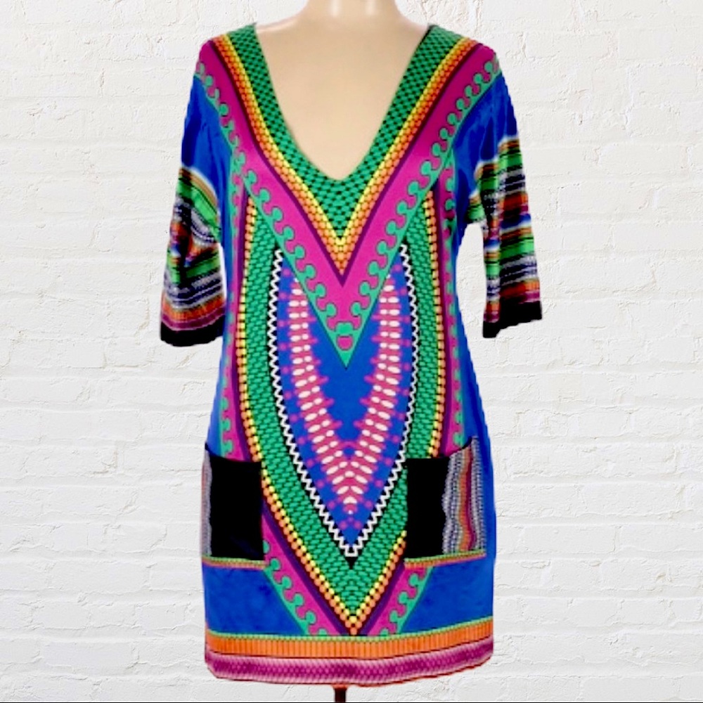 FUTURINO BOHO STYLE MINI DRESS WITH FRONT POCKETS